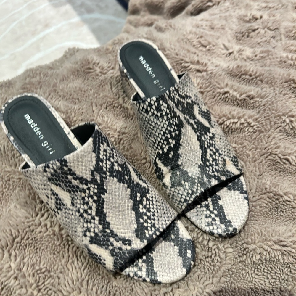 Madden Girl Black and Cream Snake Print Mules